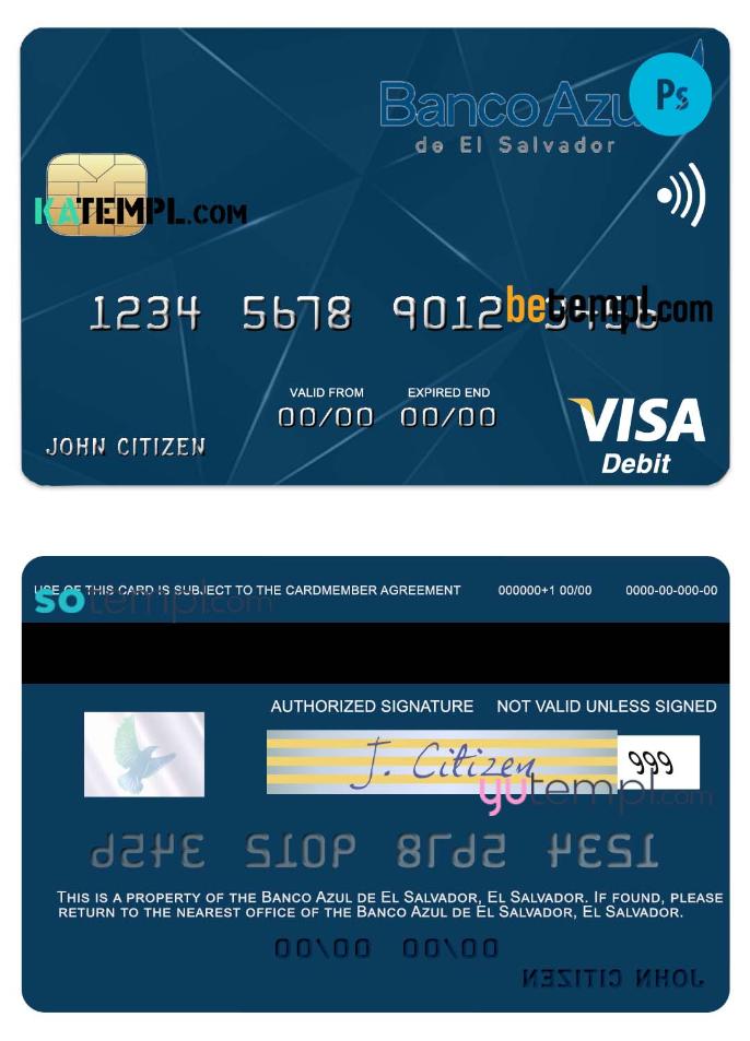 El Salvador Banco Azul de El Salvador visa debit card template in PSD format